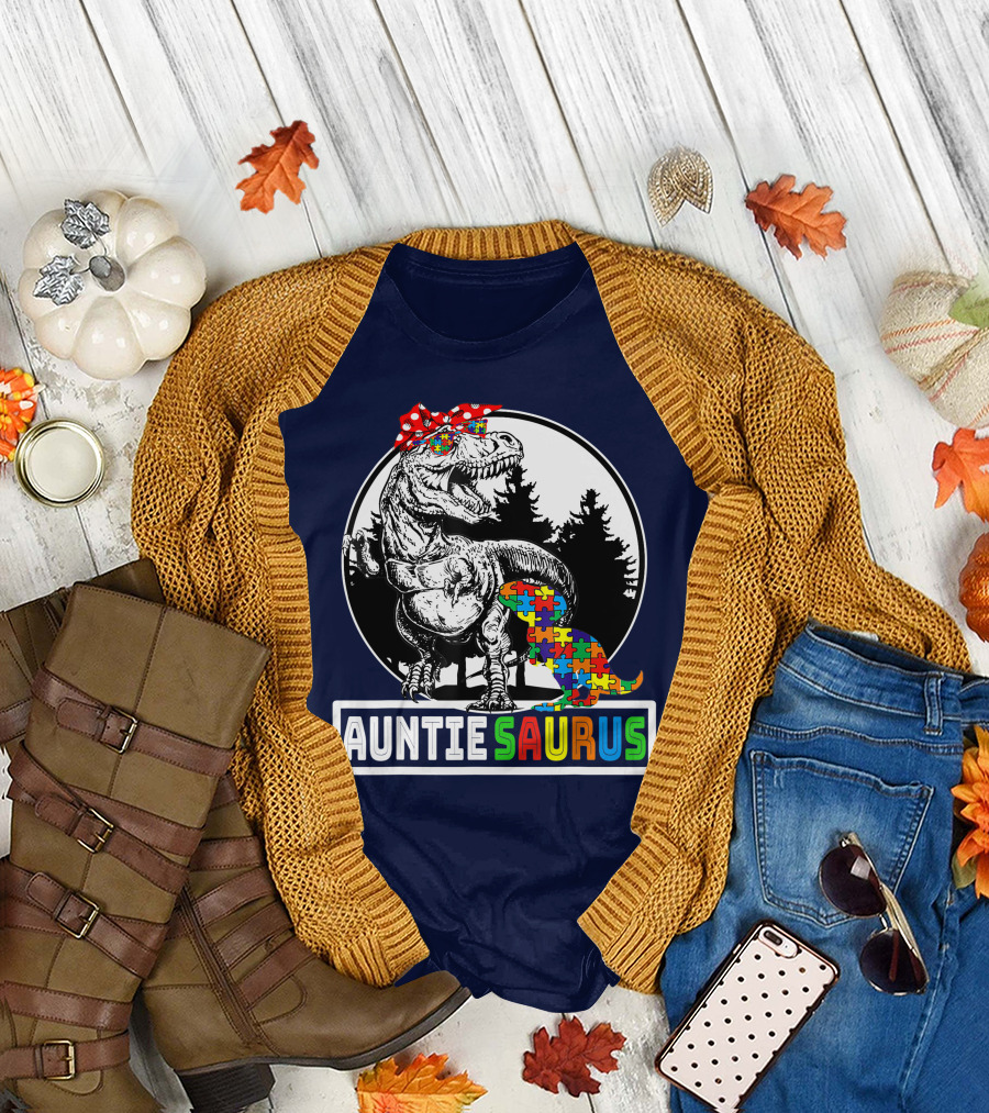 Auntiesaurus Rex Dinosaur Puzzle Pattern with Autism Awareness Saurus T-Shirt