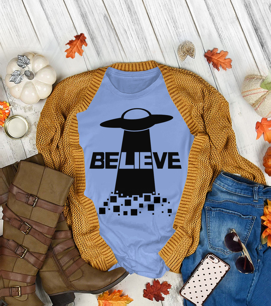 Believe UFO Alien Beam Pixels T-Shirt