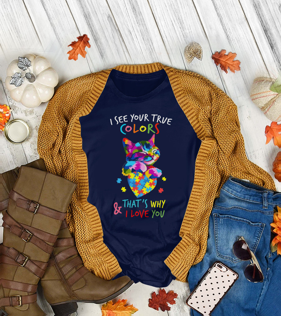 I See Your True Colors That's Why I Love You Puzzle Heart Cat T-Shirt