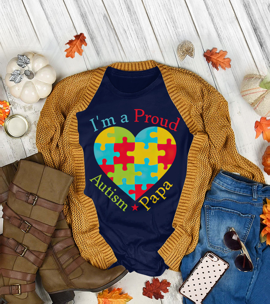 I'm a Proud Autism Papa Heart Puzzle Piece T-Shirt