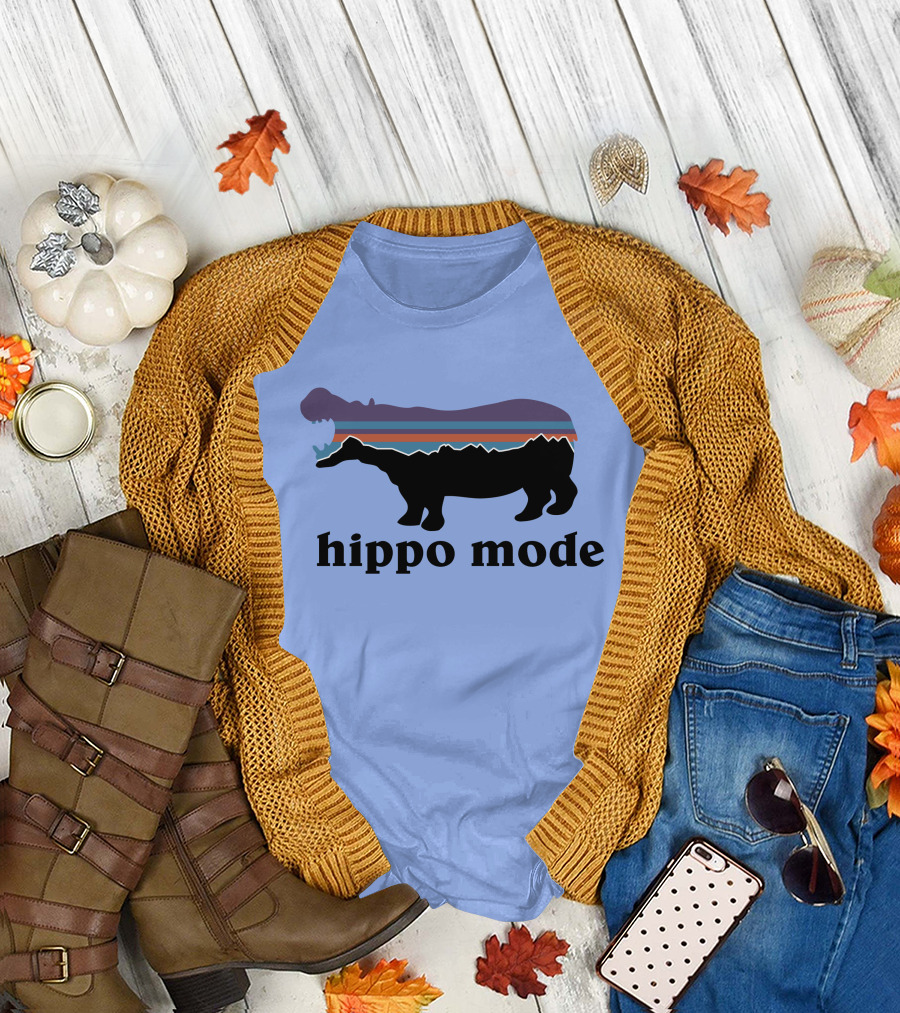 Hippo Mode Silhouette with Vintage Landscape Stripes T-Shirt