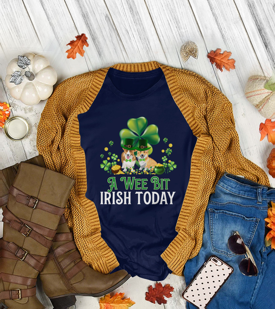A Wee Bit Irish Today Corgi with Shamrock and Leprechaun Hat T-Shirt