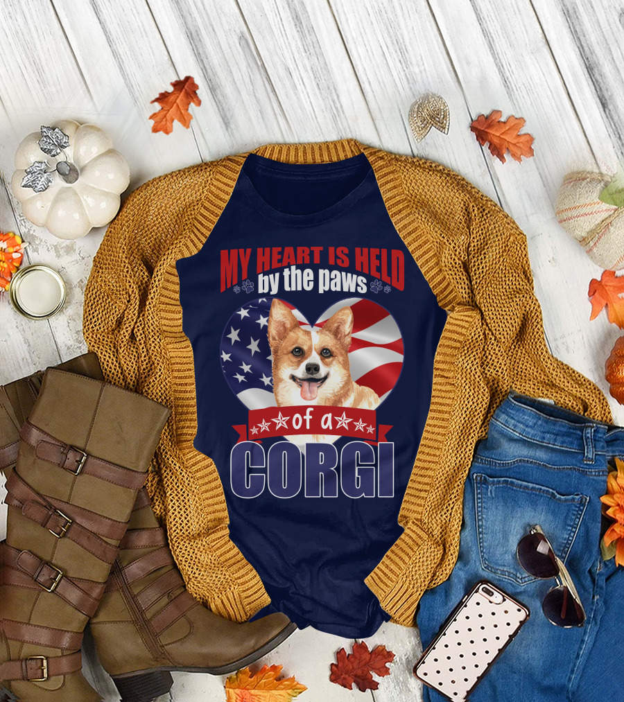 MY HEART IS HELD BY THE PAWS OF A CORGI AMERICAN FLAG HEART T-Shirt