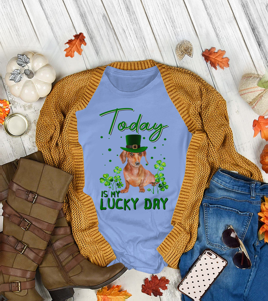 Dachshund Lucky Day with Leprechaun Hat and Shamrocks T-Shirt