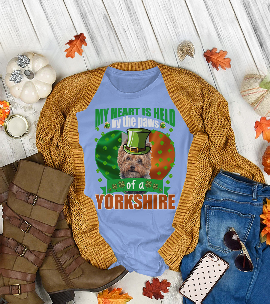 My Heart is Held by the Paws of a Yorkshire Terrier with Irish Clover and Hat T-Shirt