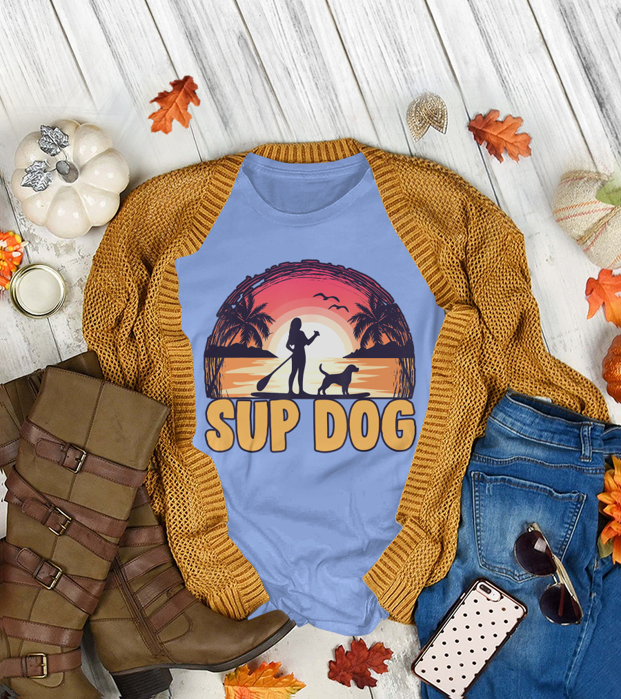 SUP Dog Paddleboard Sunset with Silhouette and Palm Trees T-Shirt