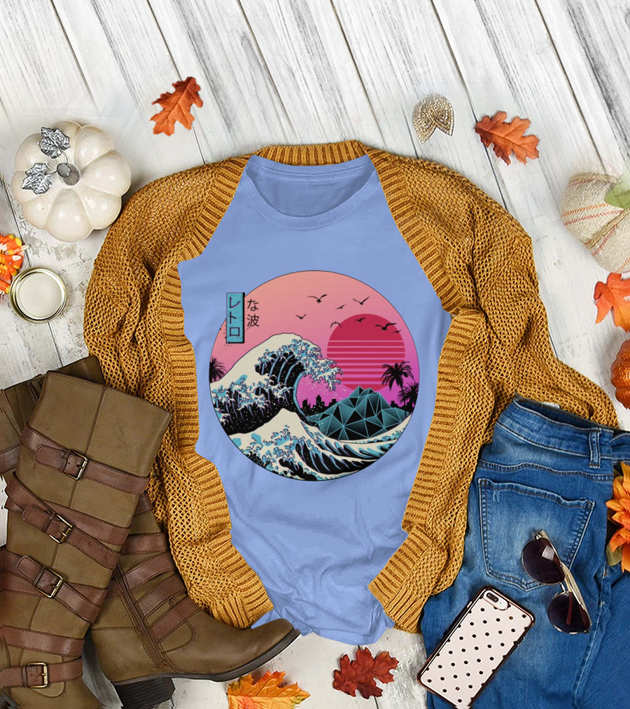 The Great Wave Retro Sunset with Palm Trees and Geometric Shapes in Japanese T-Shirt