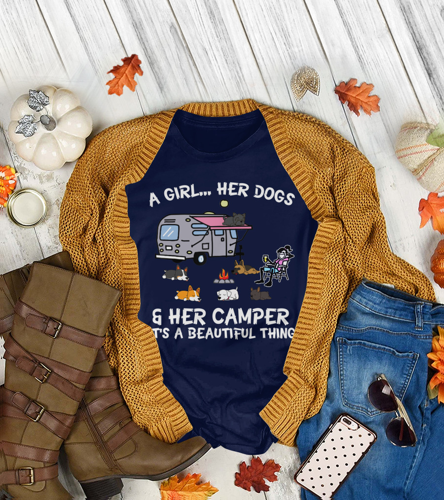 A Girl Her Dogs and Her Camper It's a Beautiful Thing Camping Fun T-Shirt
