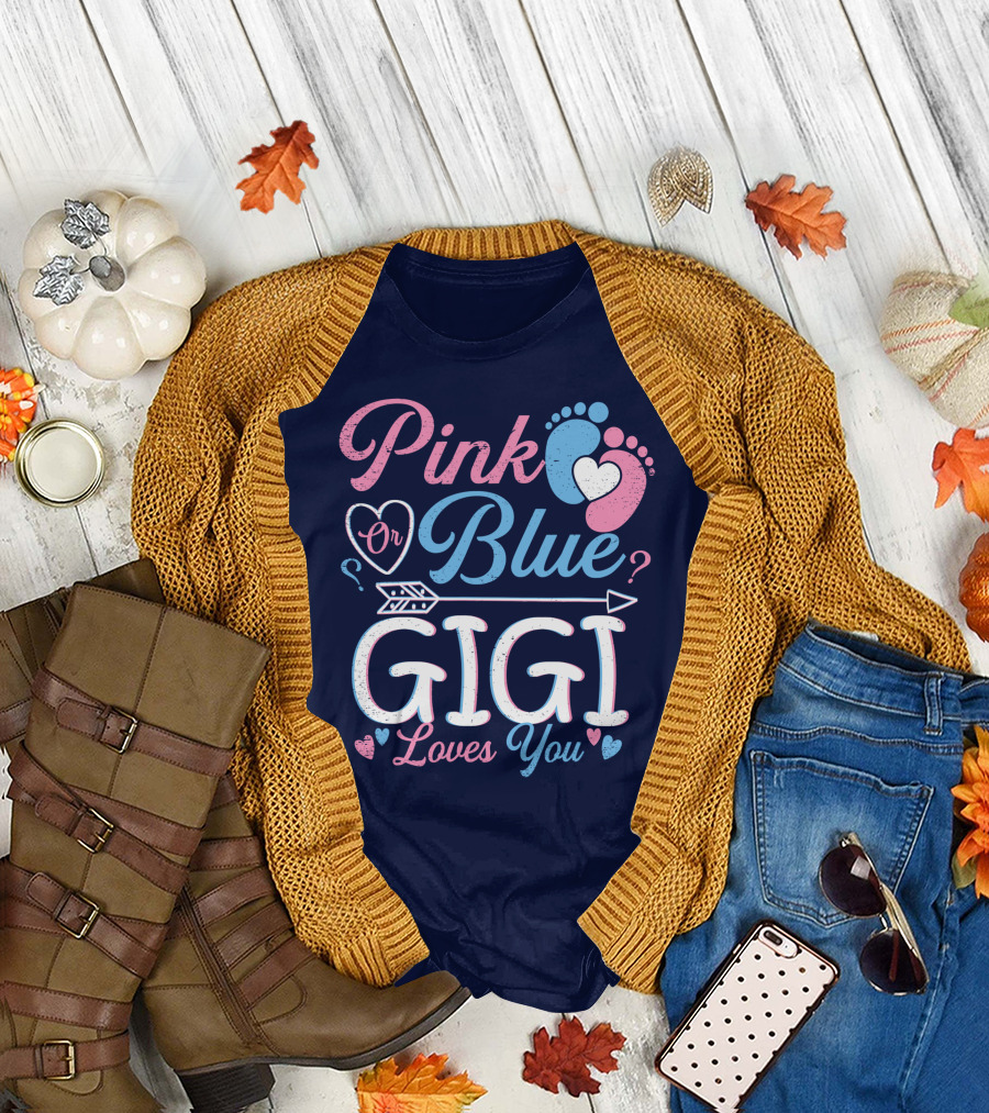 Pink Or Blue Gigi Loves You Baby Gender Reveal Footprints Hearts Arrow T-Shirt
