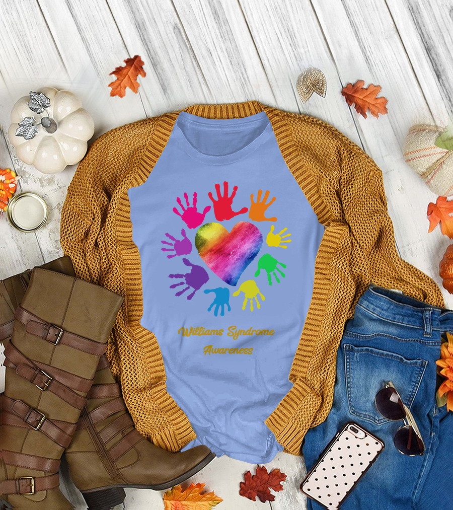 Williams Syndrome Awareness Rainbow Heart and Colorful Handprints T-Shirt