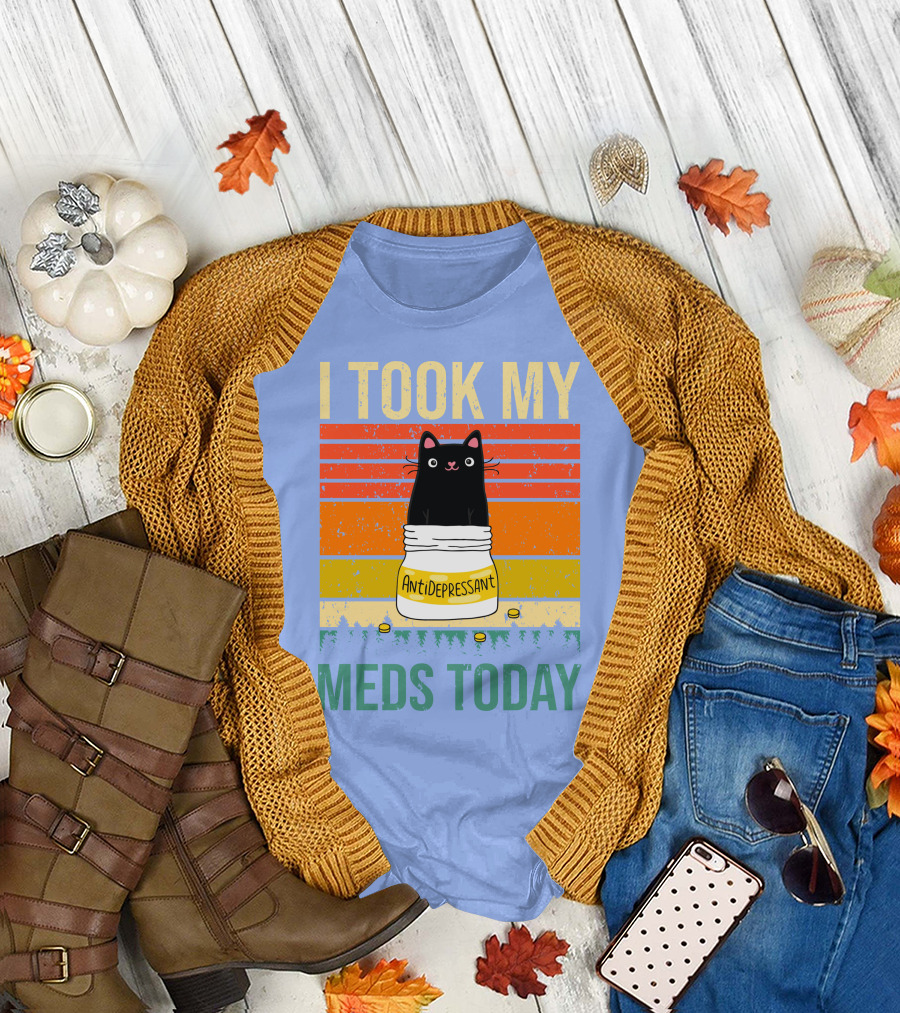 I Took My Antidepressant Meds Today Cat Retro Stripes T-Shirt