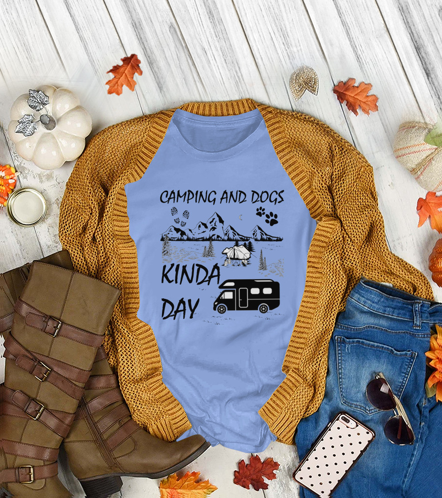Camping and Dogs Kinda Day Mountain Adventure with RV and Paw Prints T-Shirt