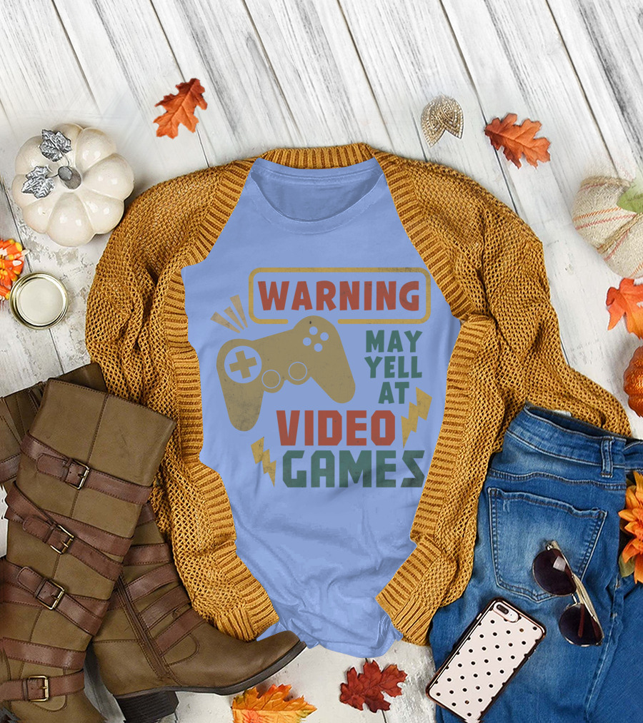 Warning May Yell At Video Games Controller and Lightning Symbols T-Shirt