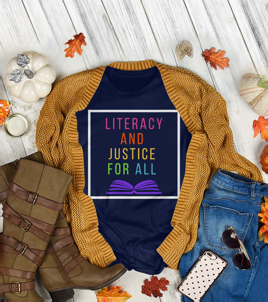 Literacy And Justice For All Open Book Rainbow Colors T-Shirt