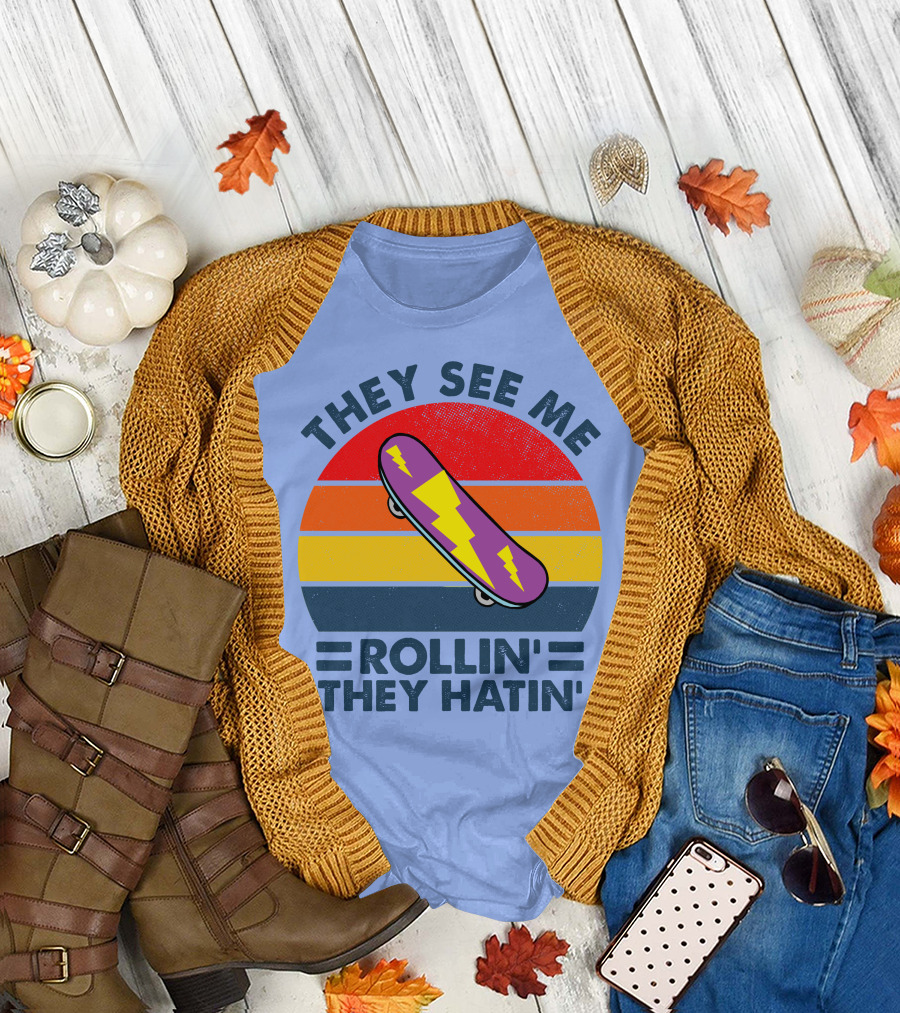 THEY SEE ME ROLLIN' THEY HATIN' RD SKATEBOARD LIGHTNING STRIPED VINTAGE RAINBOW BACKGROUND T-Shirt