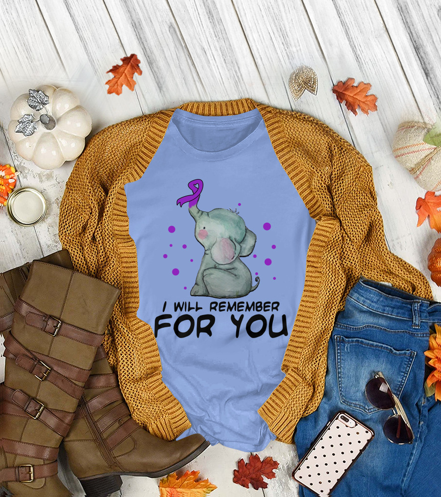 I Will Remember for You Elephant Purple Ribbon Awareness T-Shirt