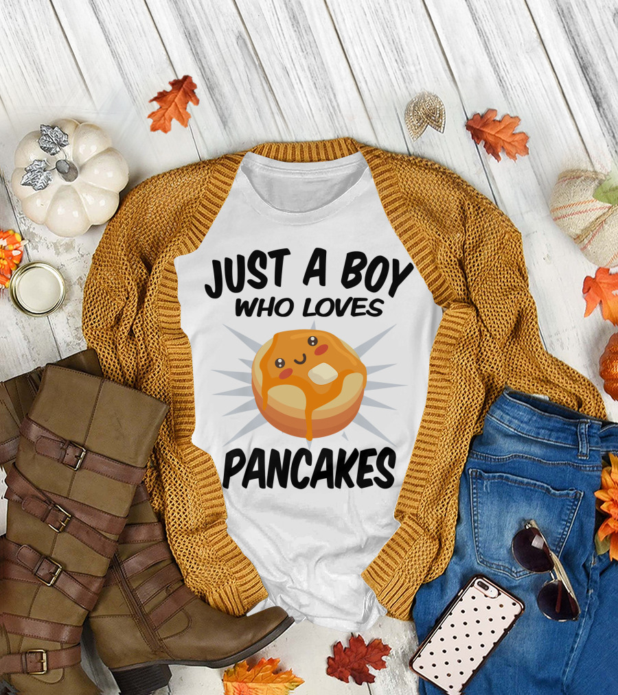 Just A Boy Who Loves Pancakes Cute Emoji Style Pancake T-Shirt