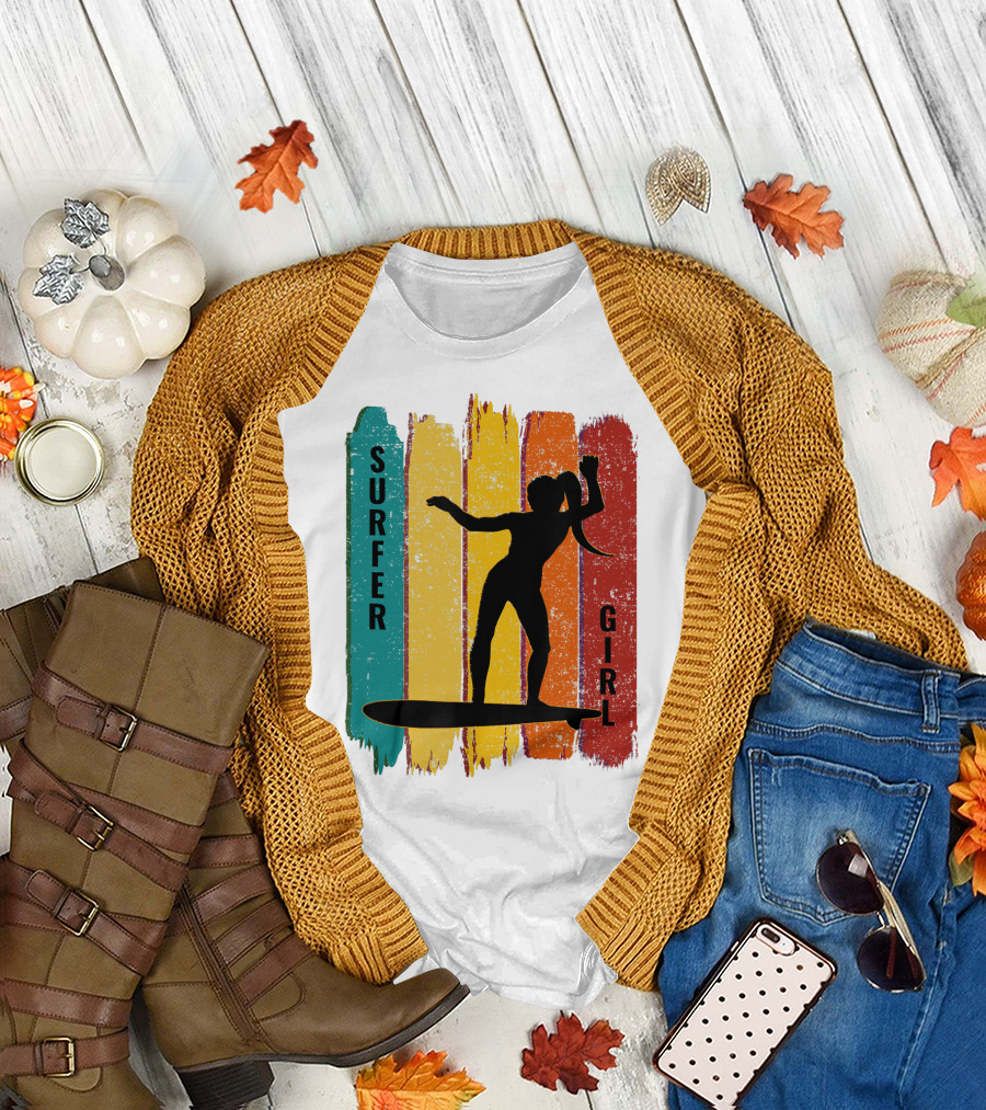 Surfer Girl Vintage Surfing Silhouette on Colorful Stripes T-Shirt