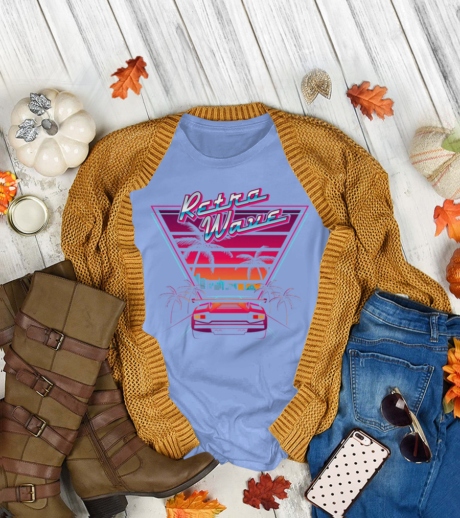 Retrowave 80s Synthwave Miami Beach Car Palm Trees Sunset T-Shirt