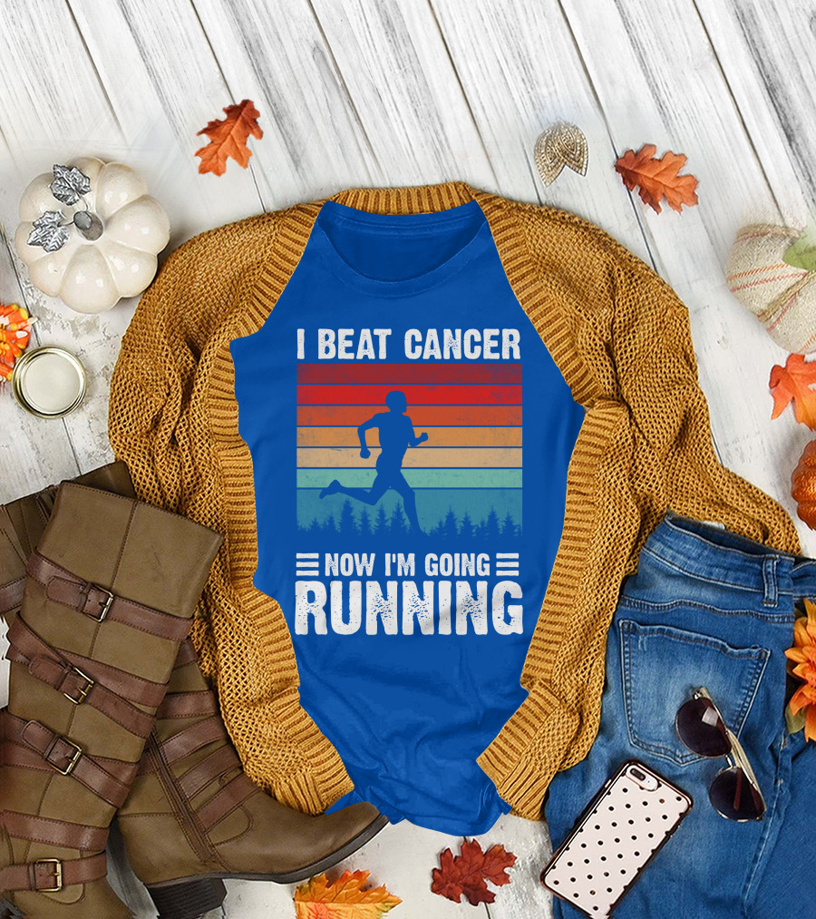 I Beat Cancer Now I'm Going Running Silhouette Forest Sunset Stripes T-Shirt