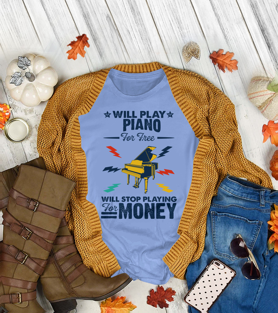 Will Play Piano For Free Will Stop Playing For Money Grand Piano with Colorful Lightning Bolts T-Shirt