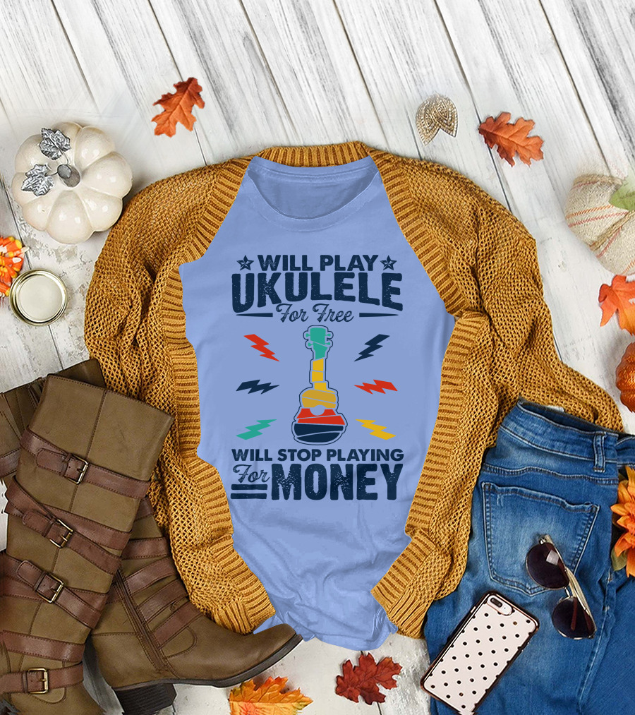 Will Play Ukulele For Free Will Stop Playing For Money Colorful Ukulele and Lightning Bolts T-Shirt