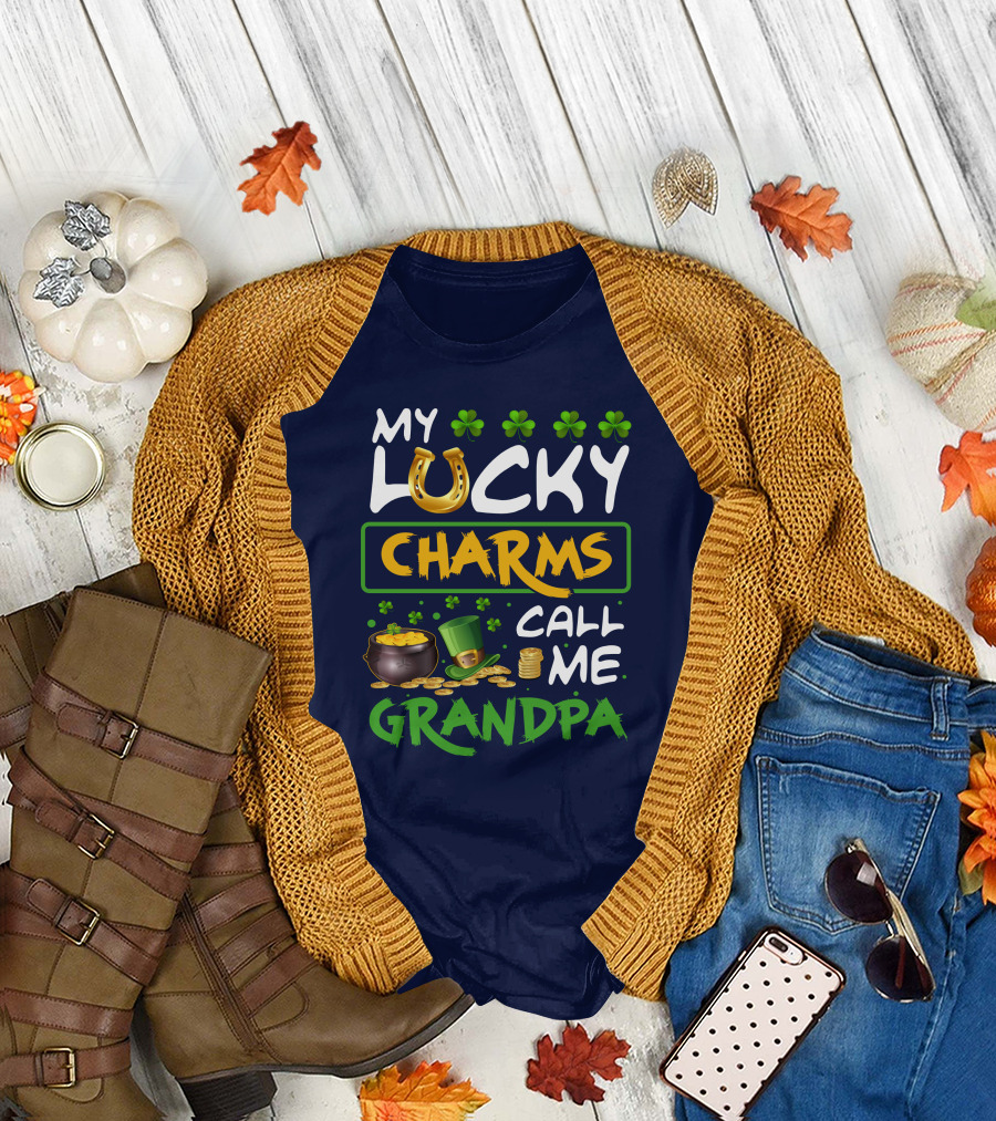 My Lucky Charms Call Me Grandpa Horseshoe Shamrocks Coins Pot of Gold T-Shirt