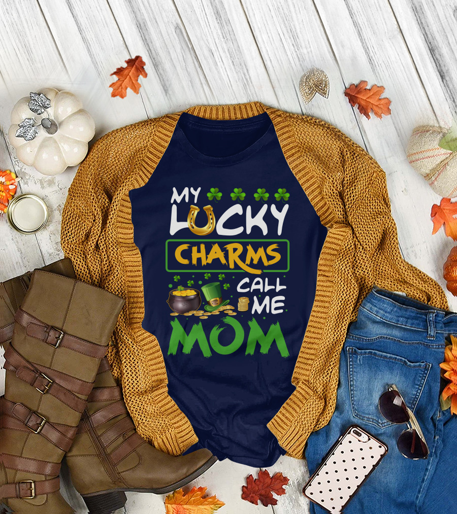 My Lucky Charms Call Me Mom Horseshoe Shamrocks Pot of Gold Coins Green Hat T-Shirt