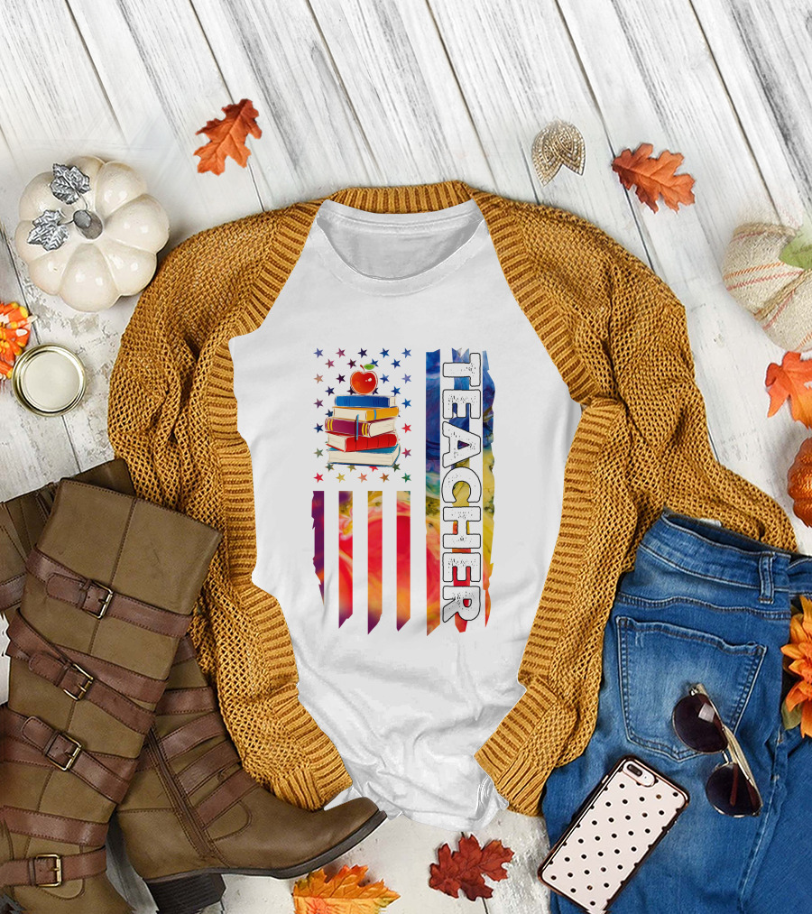 Teacher Apple Stack Stars Stripes Colorful Flag T-Shirt