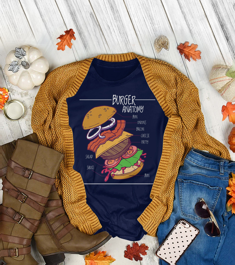 Burger Anatomy Structure Bun Onions Bacon Cheese Patty Salad Sauce Bun T-Shirt