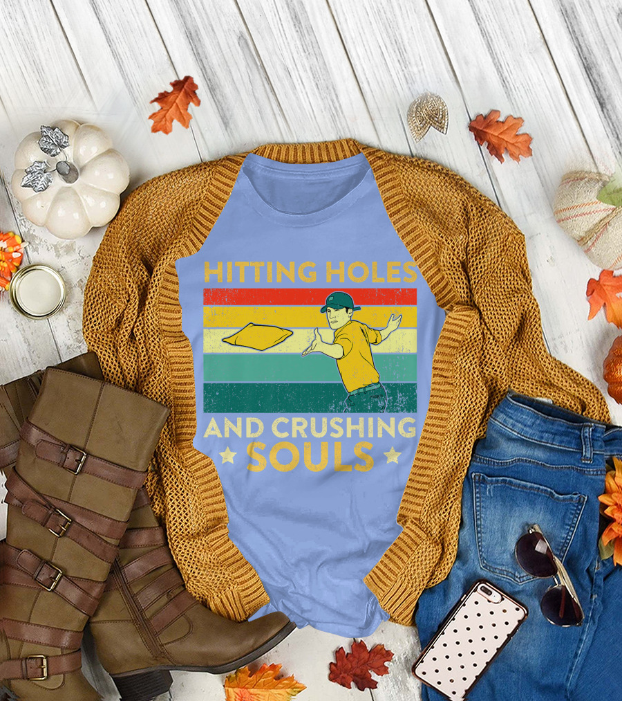 Hitting Holes And Crushing Souls Funny Cornhole Men Player Retro Throw T-Shirt