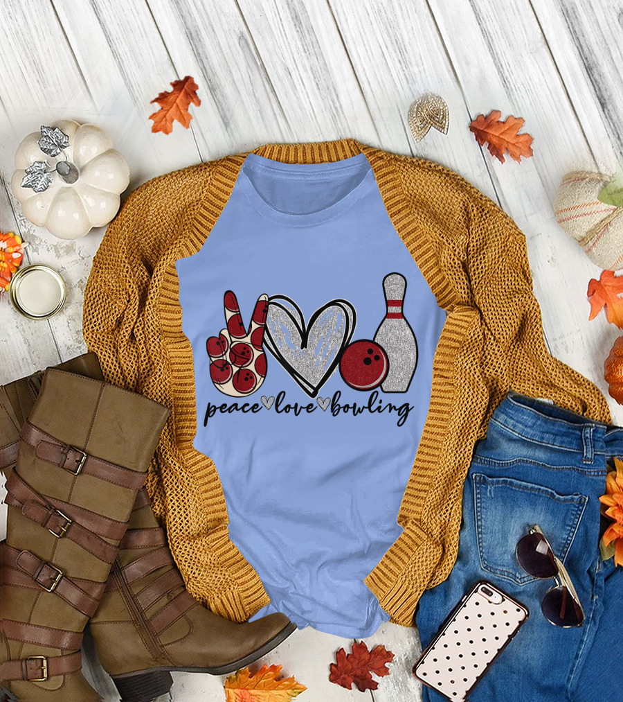 Peace Love Bowling Funny Bowling Lover Bowling Pins Glitter Bowling Ball T-Shirt
