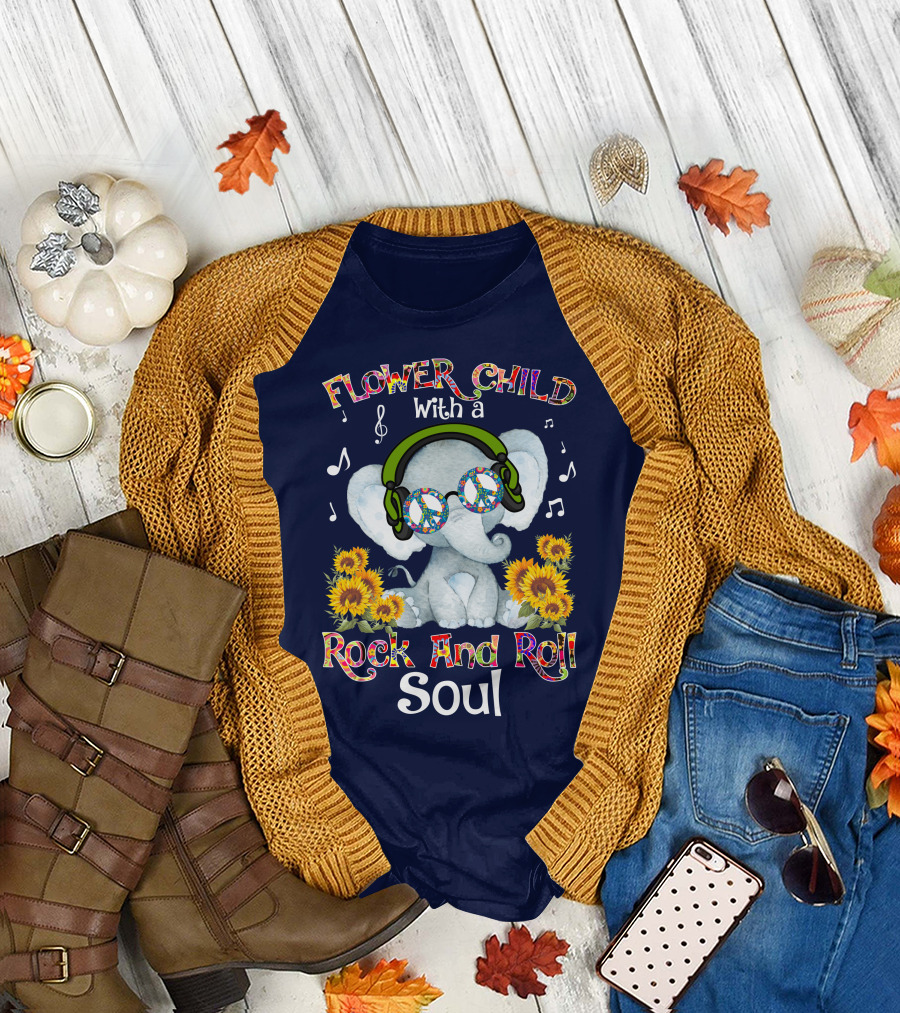 Flower Child Rock and Roll Soul Elephant with Headphones and Sunflowers T-Shirt