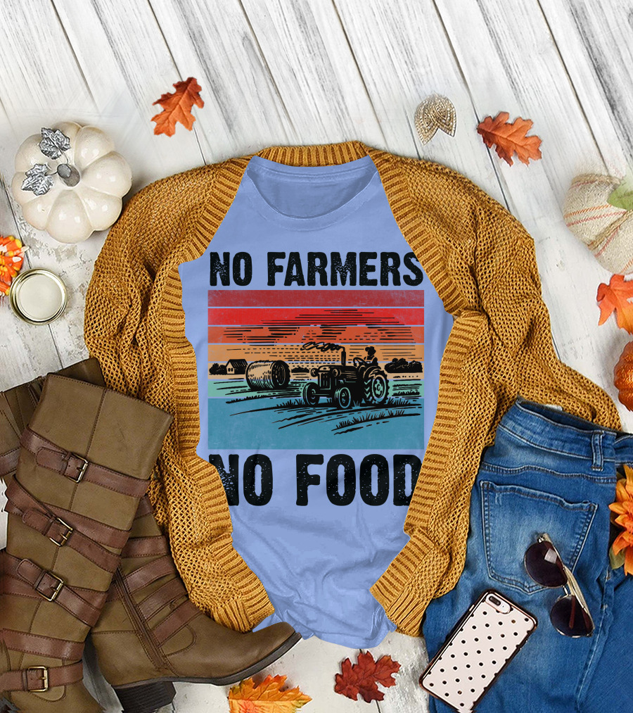 No Farmers No Food Vintage Tractor and Farm Scene T-Shirt