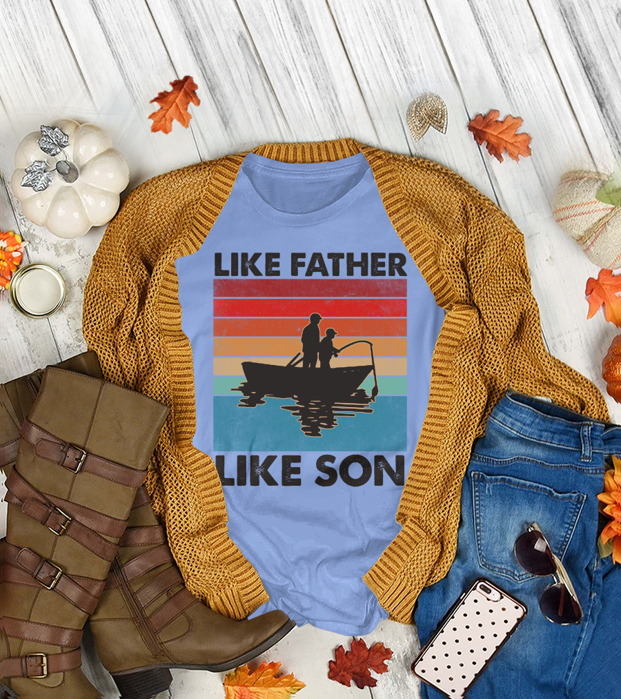 Like Father Like Son Fishing Boat Silhouette Retro Stripes T-Shirt