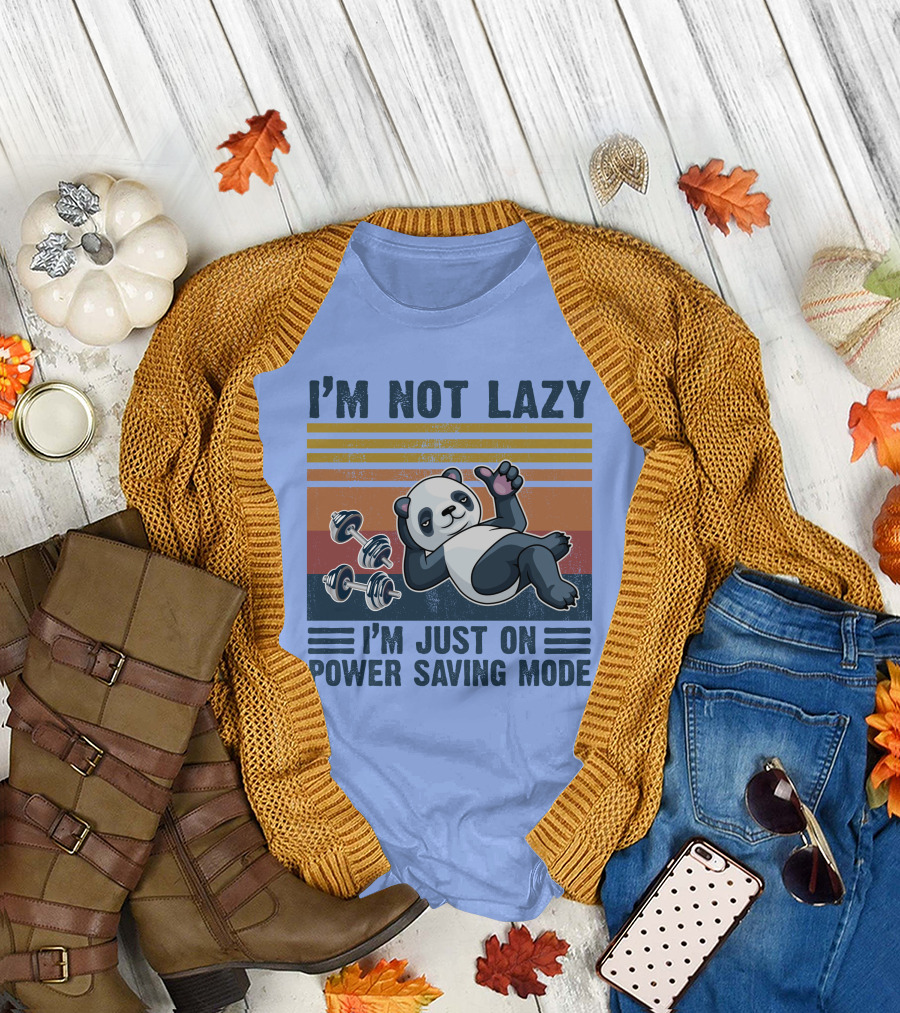 I'm Not Lazy I'm Just on Power Saving Mode RD Panda Retro Stripes and Dumbbells T-Shirt