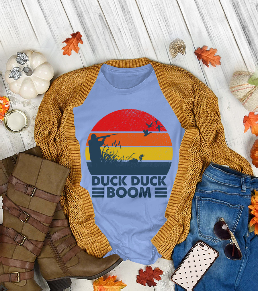 Duck Duck Boom Retro Hunting Silhouette with Bold Sunset Stripes T-Shirt