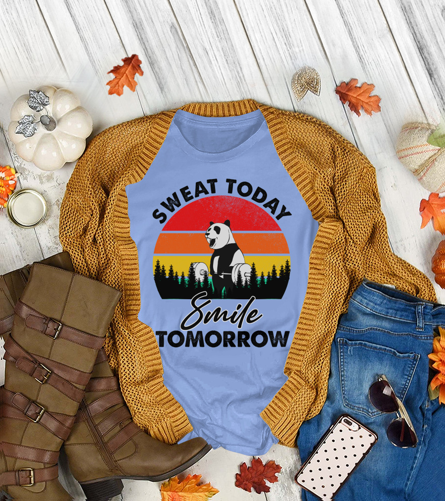 Sweat Today Smile Tomorrow Panda Weight Lifting Vintage Retro Backdrop T-Shirt