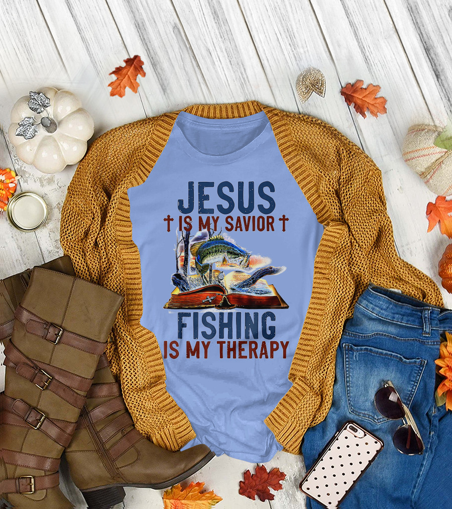 Jesus Is My Savior Fishing Is My Therapy Bass and Bible T-Shirt