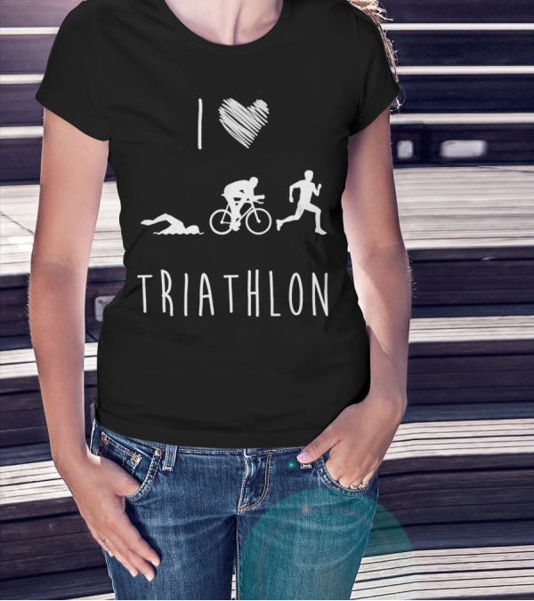 I Love Triathlon Featuring Swim Bike Run Iconography T-Shirt
