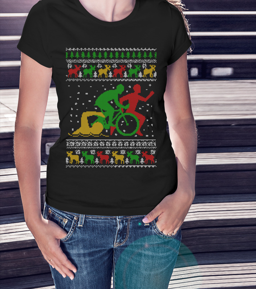 Merry Christmas Triathlon Ugly Sweater Swim Bike Run Festive Reindeer Holiday T-Shirt