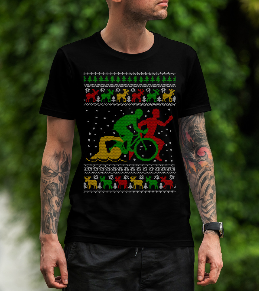 Merry Christmas Triathlon Ugly Sweater Swim Bike Run Festive Reindeer Holiday T-Shirt