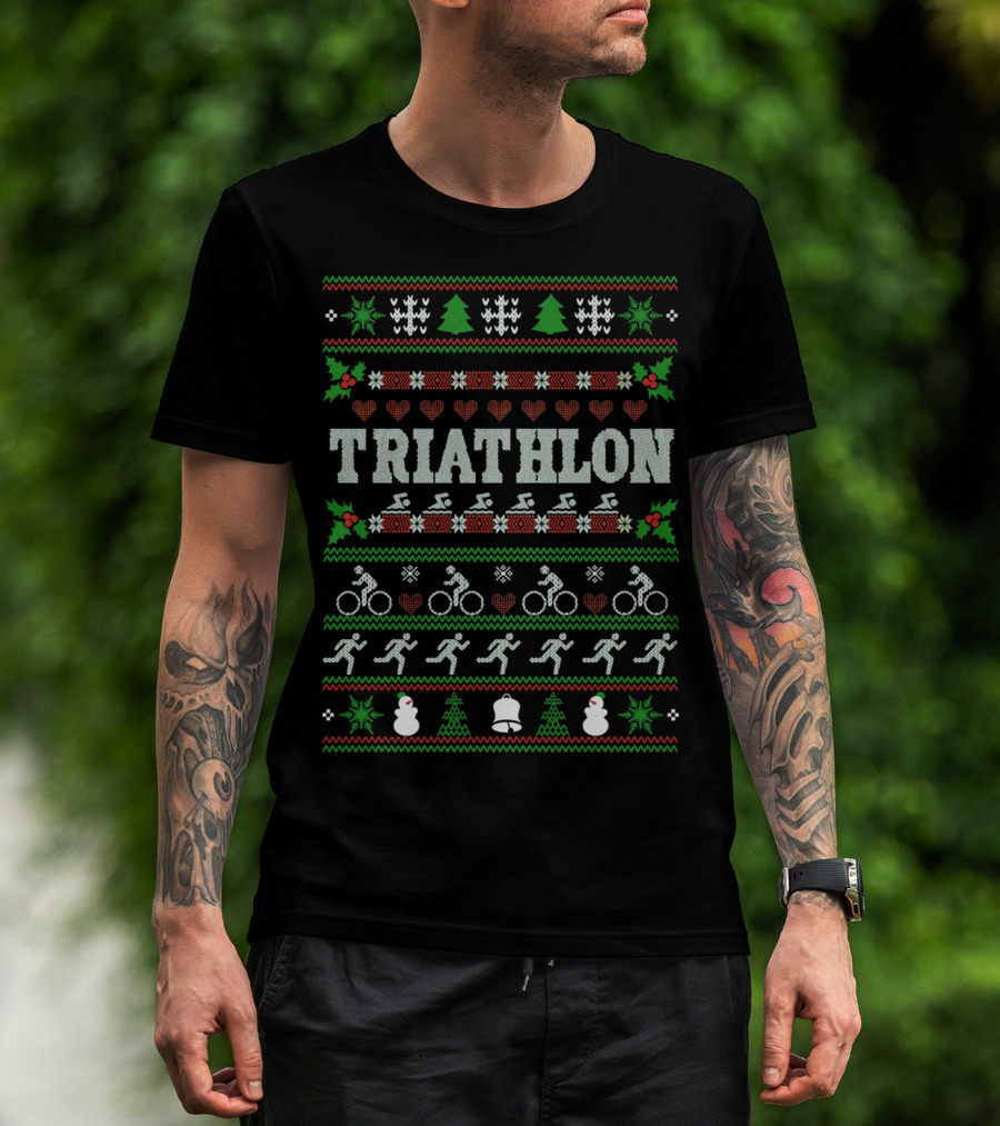 Triathlon Christmas Ugly Sweater Design With Swim Bike Run Motifs T-Shirt