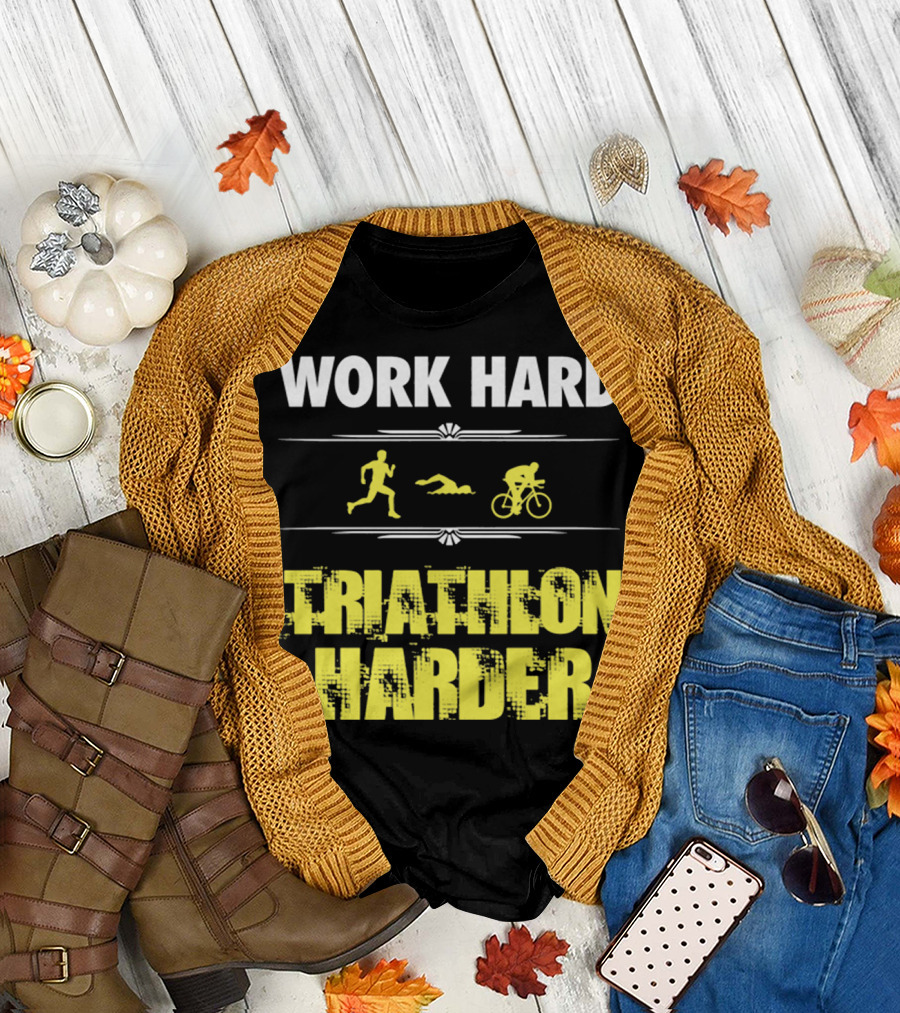 Work Hard Triathlon Harder Running Swimming Cycling Icons T-Shirt