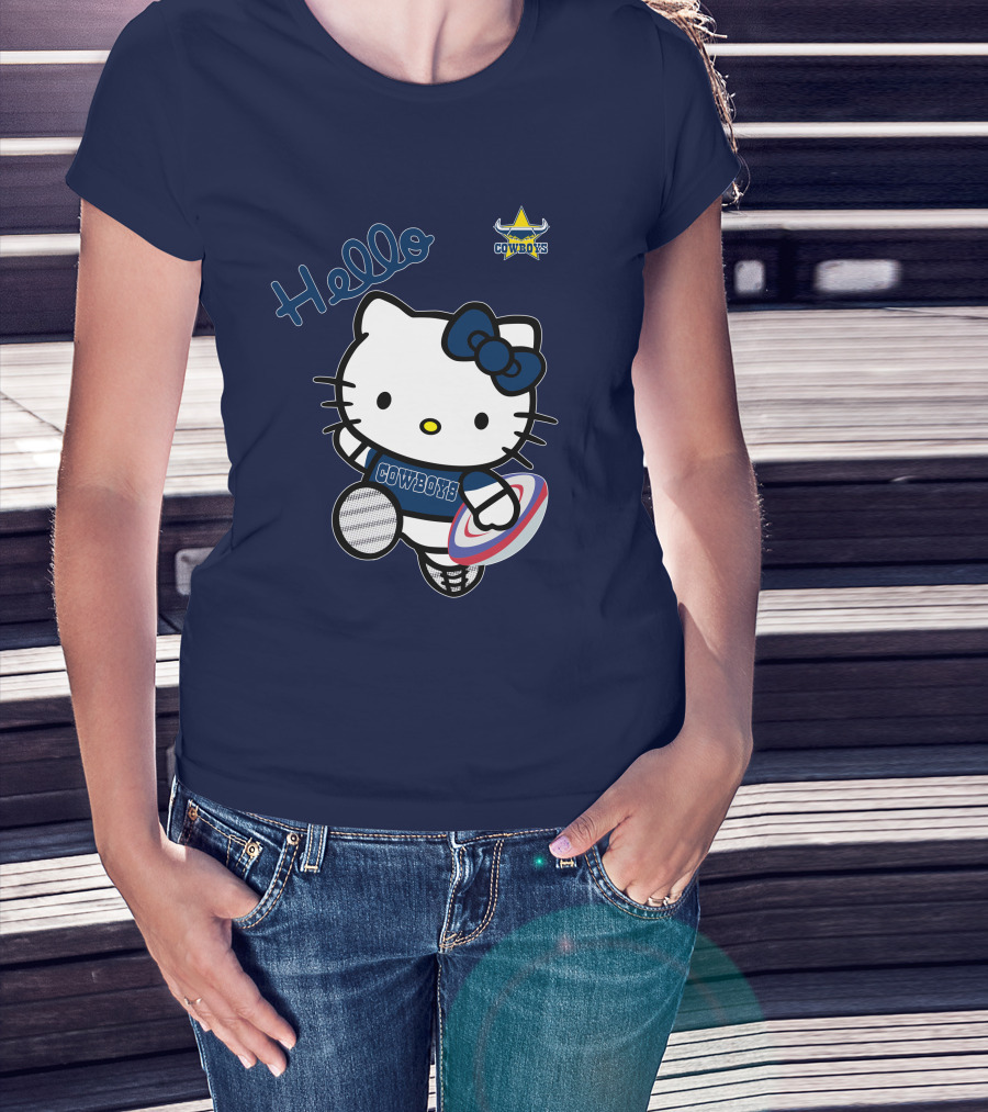 Hello Kitty North Queensland Cowboys Crossover With Rugby Ball T-Shirt