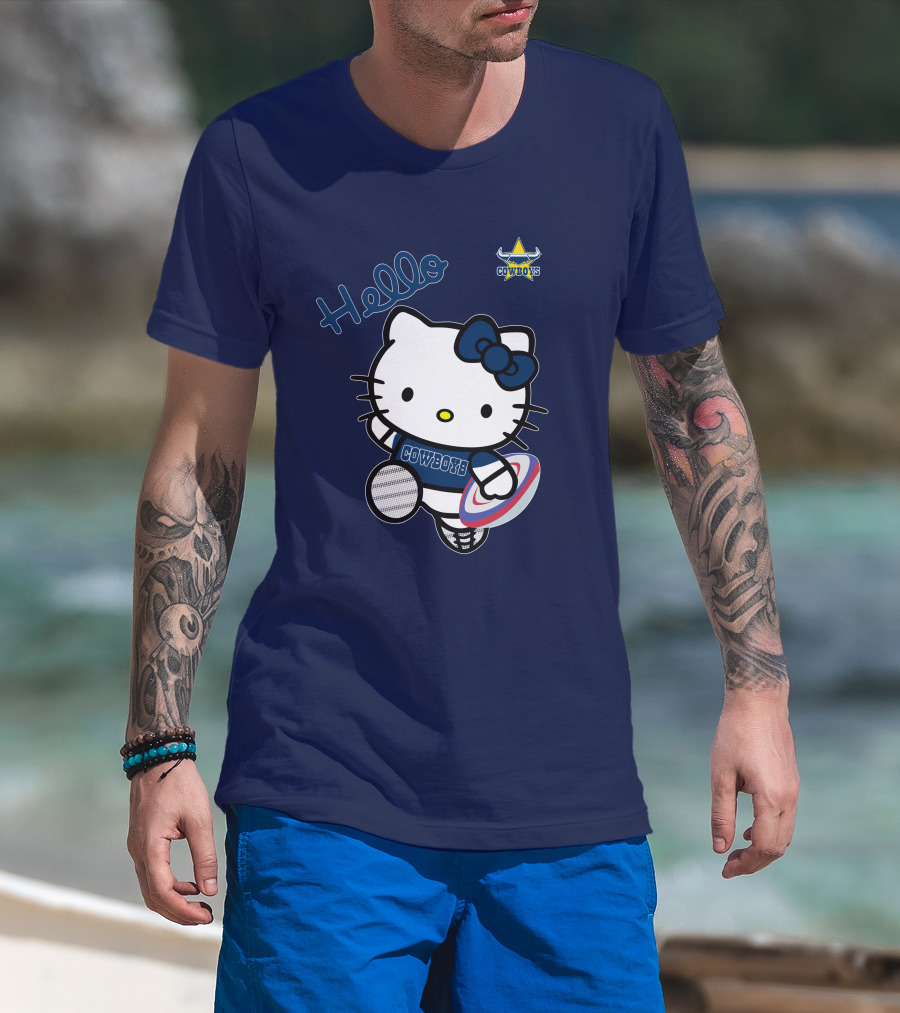 Hello Kitty North Queensland Cowboys Crossover With Rugby Ball T-Shirt