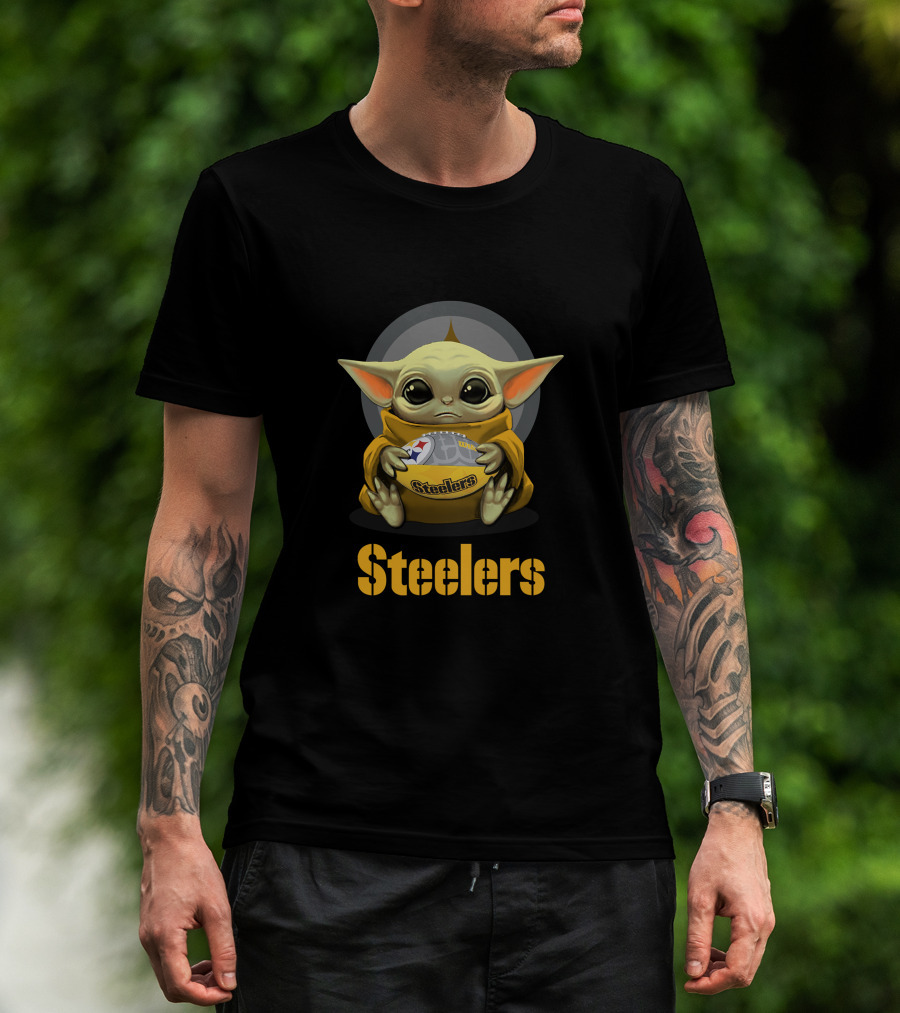 Steelers Baby Yoda With Football And Pittsburgh T-Shirt
