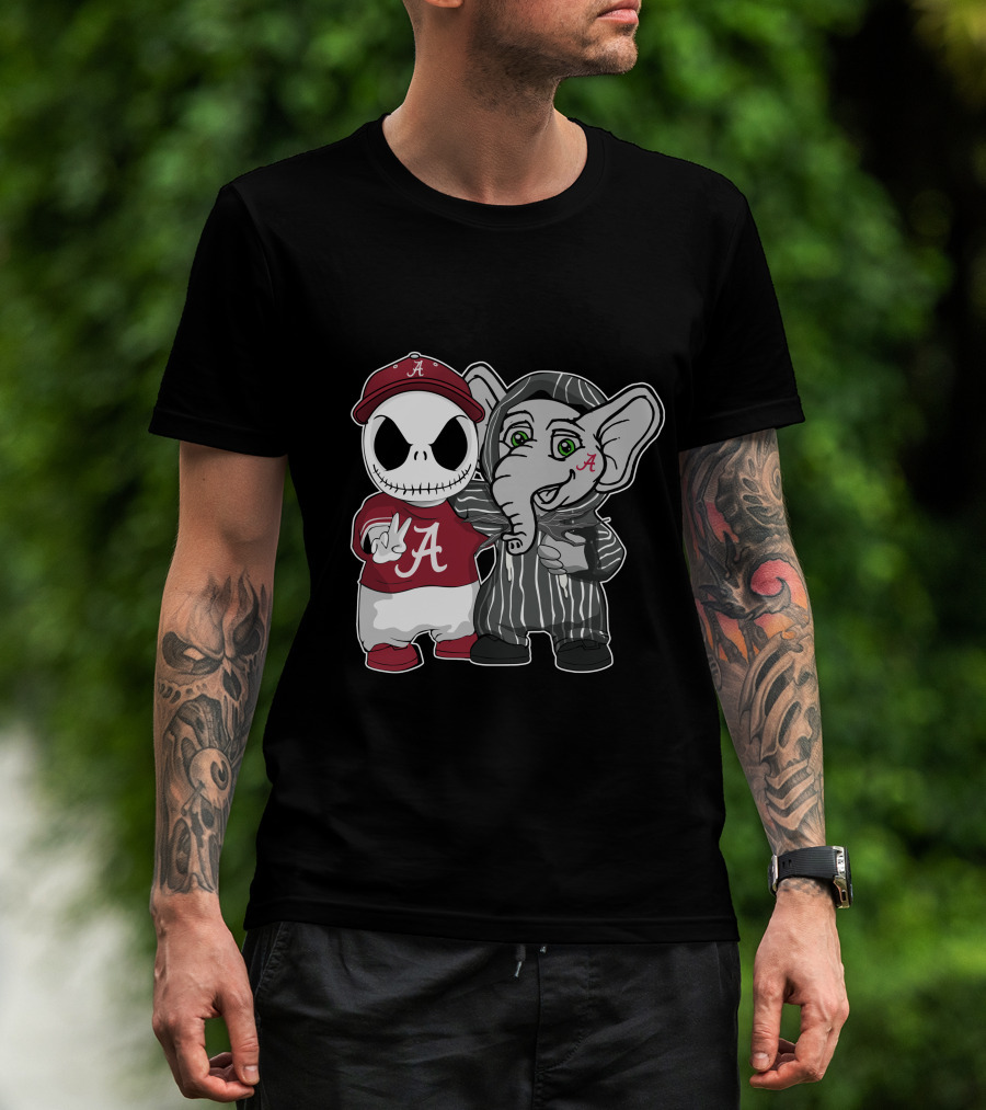 Alabama Crimson Tide Jack Skellington With Elephant In Striped T-Shirt
