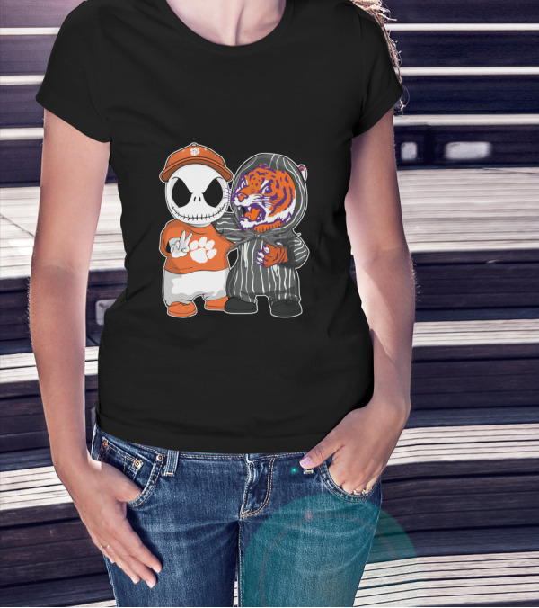 Jack Skellington Clemson Tigers Fan With Tiger Mascot Hugging T-Shirt