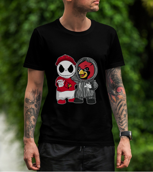 Louisville Cardinals Jack Skellington And Cardinal Mascot Duo T-Shirt